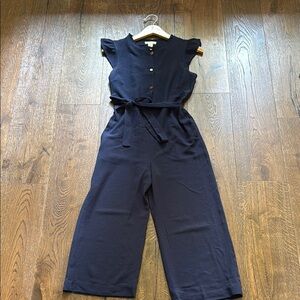Monteau Navy Ruffled SleeveJumpsuit with Wide-Leg